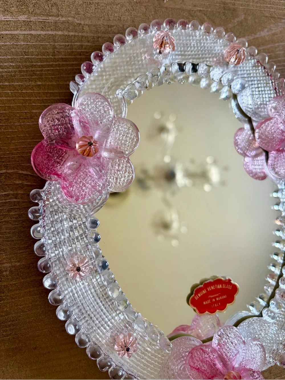 1950s Vintage Italian Venetian Hand-Blown Pink Floral Murano Glass Hand Mirror